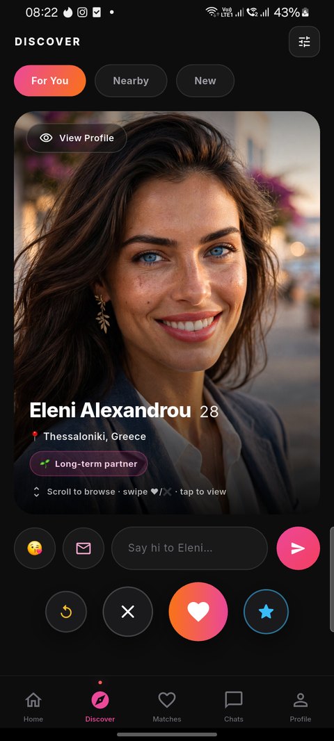 DateX Discover screen showing a profile to match with
